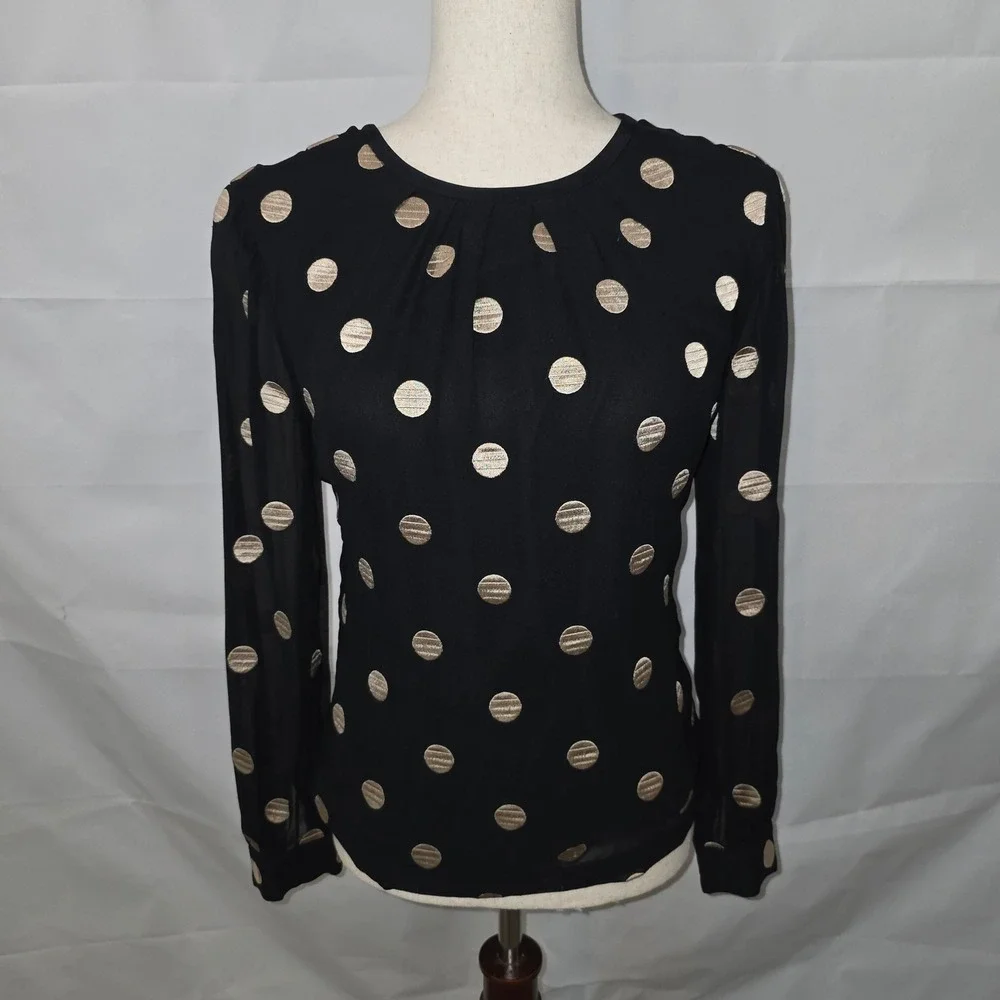 Kate Spade New York Black Gold Metallic Polka Dot Blouse Sheer Sleeve Size 0‎